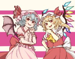 Rule 34 | 2girls, ascot, bat wings, blonde hair, blue hair, bow, fang, finger to own chin, flandre scarlet, halftone, hand on own hip, hat, hat ribbon, highres, looking at viewer, mob cap, multiple girls, natsushiro, pink background, red eyes, remilia scarlet, ribbon, siblings, sisters, striped, striped background, touhou, white background, wings, yellow ascot