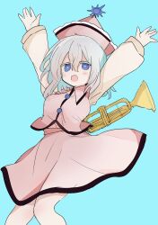 Rule 34 | 1girl, 76gpo, arms up, blue background, blue eyes, collared shirt, commentary, grey hair, highres, instrument, long sleeves, looking at viewer, medium hair, merlin prismriver, one-hour drawing challenge, open mouth, pink headwear, pink shirt, pink skirt, shirt, simple background, skirt, solo, touhou, trumpet