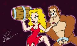 Rule 34 | 1girl, ape, barrel, blonde hair, blue eyes, breasts, cleavage, donkey kong, donkey kong (1981 game), donkey kong (series), dress, eyeshadow, grin, hand on mouth, handcuff, legs, lipstick, makeup, nervous, nintendo, one eye closed, pauline (mario), red dress, smile, torn clothes, torn dress, wink