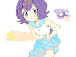 Rule 34 | 1girl, :o, alternate hair color, bad drawr id, bad id, bare arms, bare shoulders, bent over, blue eyes, blue pants, blush, creatures (company), crop top, drawr, dress, female focus, flipped hair, game freak, gen 1 pokemon, hair between eyes, hairband, lana (pokemon), leaning forward, nintendo, oekaki, oimo (14sainobba), one-piece swimsuit, open mouth, pants, pokemon, pokemon (creature), pokemon sm, purple hair, purple one-piece swimsuit, shellder, shirt, short hair, simple background, sleeveless, sleeveless dress, sleeveless shirt, slowpoke, standing, swimsuit, swimsuit under clothes, trial captain, wet, wet clothes, white background, white shirt, wringing, wringing clothes