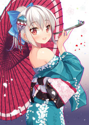 Rule 34 | 1girl, at-yui, bare shoulders, bow, from side, hair bow, hair ornament, highres, holding, holding smoking pipe, japanese clothes, kine, kiseru, mallet, moon rabbit, off shoulder, oil-paper umbrella, original, petals, ponytail, rabbit, silver hair, smoking pipe, solo, umbrella