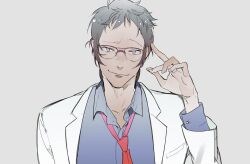 Rule 34 | 1boy, adachi tooru, blue eyes, blue shirt, closed mouth, collared shirt, commentary request, furrowed brow, glasses, grey background, grey hair, hand up, jacket, kaninn, long sleeves, looking at viewer, male focus, necktie, persona, persona 4, red necktie, shirt, short hair, simple background, smile, solo, upper body, white jacket