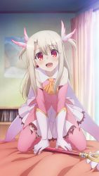 Rule 34 | 1girl, :d, absurdres, ascot, bed sheet, bedroom, black thighhighs, blouse, blurry, blurry background, boots, collarbone, curtains, detached sleeves, earrings, fate/kaleid liner prisma illya, fate (series), feather hair ornament, feathers, full body, game cg, gloves, hair between eyes, hair ornament, head tilt, highres, indoors, jewelry, kneeling, long hair, long sleeves, looking at viewer, magical ruby, miniskirt, official art, on bed, open mouth, pink feathers, pink footwear, pink shirt, pink sleeves, pleated skirt, prisma illya, red eyes, shirt, silver hair, skirt, sleeveless, sleeveless shirt, smile, solo, thigh boots, thighhighs, white gloves, white skirt, yellow ascot, zettai ryouiki