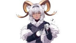 Rule 34 | 1girl, animal ear fluff, animal ears, arknights, black coat, carnelian (arknights), carnelian (hohenlohe chillysand) (arknights), closed eyes, coat, commentary, dark-skinned female, dark skin, fur-trimmed coat, fur shawl, fur trim, gloves, goat horns, highres, holding, holding instrument, horns, instrument, looking at viewer, mizuha rei, music, musical note, open mouth, playing instrument, shawl, short hair, simple background, smile, solo, triangle (instrument), white background, white gloves, white hair