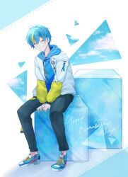 Rule 34 | 1boy, blue background, blue hair, closed eyes, cobalt (technoroid), colored eyelashes, cube, facing viewer, happy birthday, highres, male focus, multicolored background, multicolored hair, orange hair, shenaa, short hair, smile, solo, technoroid, teeth, white background