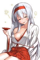 Rule 34 | 10s, 1girl, bad id, bad twitter id, blush, bow (weapon), breasts, brown eyes, commentary request, cup, drunk, hairband, hakama, hakama short skirt, hakama skirt, half-closed eyes, highres, holding, inactive account, japanese clothes, kantai collection, long hair, medium breasts, open clothes, open shirt, parted lips, red hairband, sabaku chitai, sakazuki, shirt, short hair, shoukaku (kancolle), silver hair, sitting, skirt, solo, weapon