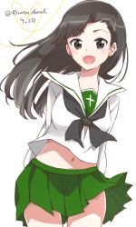 Rule 34 | 10s, 1girl, :d, alternate costume, arms behind back, asymmetrical bangs, black eyes, black hair, black neckerchief, blouse, commentary, cowboy shot, dated, girls und panzer, green skirt, highres, hinase (twoxout), long hair, long sleeves, looking at viewer, midriff, miniskirt, navel, neckerchief, nishi kinuyo, one-hour drawing challenge, ooarai school uniform, open mouth, pleated skirt, school uniform, serafuku, shirt, skirt, smile, solo, standing, twitter username, white shirt, wind