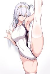 Rule 34 | 1girl, armpits, blue eyes, blush, breasts, clothes writing, competition swimsuit, covered navel, flexible, groin, hachimaki, hair between eyes, headband, highleg, highleg leotard, highres, kantai collection, leg lift, leg up, leotard, long hair, looking at viewer, medium breasts, one-piece swimsuit, one side up, osterei, silver hair, smile, solo, split, standing, standing on one leg, standing split, suzutsuki (kancolle), swimsuit, thighhighs, thighs