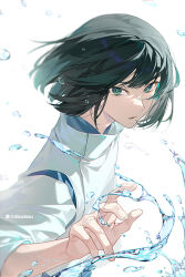 Rule 34 | 1boy, aqua eyes, bishounen, black hair, commentary, fingernails, from side, haku (sen to chihiro no kamikakushi), hand up, high collar, highres, jacket, looking at viewer, looking to the side, parted lips, sen to chihiro no kamikakushi, short hair, simple background, sleeves past elbows, solo, upper body, water, water drop, white background, white jacket, xiaojiaju