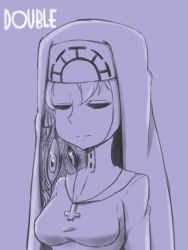 Rule 34 | 1girl, character name, cross, double (skullgirls), closed eyes, female focus, highres, jewelry, monochrome, monster, necklace, nun, simple background, skullgirls, solo, tsunakanten