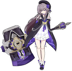 Rule 34 | 1girl, ankle boots, black footwear, black sailor collar, boots, brown hair, chain, choker, doll joints, dress, flower, frilled sailor collar, frills, full body, hammer, hat, hat flower, herta (honkai: star rail), highres, holding, holding hammer, honkai: star rail, honkai (series), huge weapon, joints, lock, long hair, long sleeves, purple choker, purple eyes, purple flower, purple ribbon, ribbon, sailor collar, sidelocks, simple background, smile, solo, very long hair, weapon, white background, white dress, zuyosh