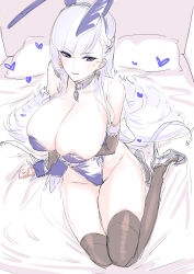 Rule 34 | absurdres, animal ears, azur lane, bare shoulders, bed, belfast (azur lane), blue eyes, breasts, chain, collar, condom, condom packet strip, condom wrapper, earrings, elbow gloves, fake animal ears, gloves, heart, heart-shaped pupils, high heels, highleg, highleg leotard, highres, jewelry, large breasts, leotard, long hair, looking at viewer, mogi yasunobu, pillow, playboy bunny, rabbit ears, smile, strapless, strapless leotard, symbol-shaped pupils, thick thighs, thighhighs, thighs, white hair, wrist cuffs