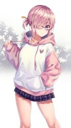 Rule 34 | 1girl, alternate costume, alternate hairstyle, blue skirt, casual, closed mouth, eyewear visible through hair, fate/grand order, fate (series), frown, hair over one eye, hair ribbon, hand in pocket, highres, hood, hood down, hooded sweater, long sleeves, looking at viewer, mash kyrielight, miniskirt, nihnfinite8, pink hair, pink sleeves, pleated skirt, purple eyes, ribbon, short hair, short ponytail, sidelocks, simple background, skirt, solo, sweater, swept bangs, white background, white sweater, yellow ribbon
