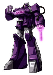 Rule 34 | arm cannon, bad id, bad twitter id, cable, clenched hand, commentary, commission, decepticon, english commentary, glowing, glowing eye, makoto ono, mecha, no humans, one-eyed, robot, science fiction, shockwave (transformers), solo, standing, transformers, weapon, white background, yellow eyes