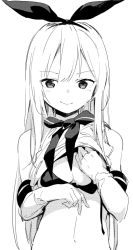 Rule 34 | 10s, 1girl, bare shoulders, bow, breasts, closed mouth, clothes lift, elbow gloves, fuji-yama, gloves, greyscale, hair bow, hairband, kantai collection, lifted by self, long hair, looking at viewer, monochrome, sailor collar, shimakaze (kancolle), shirt lift, simple background, small breasts, smile, solo, upper body, white background