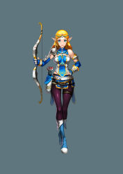 Rule 34 | 1girl, absurdres, ah-lyong lee, armor, arrow (projectile), belt, blonde hair, blue background, blue eyes, blue footwear, blue gloves, boots, bow (weapon), breasts, circlet, crossed ankles, detached collar, elbow gloves, elf, fingerless gloves, full body, gem, gloves, grey background, hand on own hip, highres, holding, holding bow (weapon), holding weapon, jewelry, knee boots, light smile, long hair, looking at viewer, medium breasts, multiple belts, narrow waist, original, pantyhose, pauldrons, pelvic curtain, pendant, pointy ears, purple pantyhose, quiver, shoulder armor, simple background, solo, standing, thigh gap, thigh strap, turtleneck, weapon