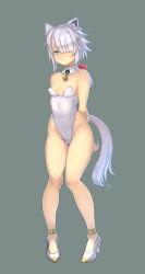 Rule 34 | 1girl, animal ears, aqua eyes, arms behind back, bare shoulders, bell, blush, breasts, cameltoe, cat ears, cat girl, cat tail, collar, covered navel, eyes visible through hair, falcom, hair over one eye, highres, leotard, looking at viewer, navel, nipples, pixiv id 44647761, playboy bunny, short hair, silver hair, simple background, small breasts, solo, standing, tail, thick thighs, thighs, white cat (ys), white footwear, ys, ys ix monstrum nox