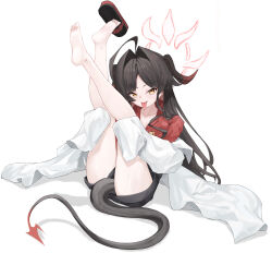Rule 34 | 1girl, absurdres, ahoge, black hair, black horns, black shorts, black tail, blue archive, coat, collarbone, collared shirt, demon horns, hair intakes, highres, horns, kasumi (blue archive), lab coat, lechiennoir, long hair, long tongue, looking at viewer, red shirt, shirt, shorts, simple background, smile, solo, tongue, tongue out, white background, white coat, yellow eyes