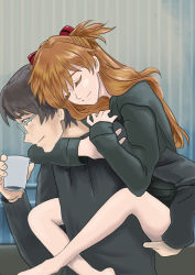 Rule 34 | 1boy, 1girl, age difference, aida kensuke, brown hair, carrying, closed eyes, couple, cup, evangelion: 3.0+1.0 thrice upon a time, glasses, grin, hair ornament, hairclip, head rest, highres, holding person, hood, hug, hug from behind, jacket, leg grab, legs, long hair, neon genesis evangelion, piggyback, rebuild of evangelion, resting, smile, souryuu asuka langley, standing