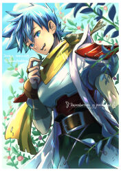 1boy absurdres animal animal_on_shoulder armor belt belt_buckle bird blue_eyes blue_hair border breath_of_fire breath_of_fire_iii buckle cowboy_shot dutch_angle green_pants highres holding holding_leaf leaf male_focus maruno pants puffy_short_sleeves puffy_sleeves ryu_(breath_of_fire_iii) scarf short_hair short_sleeves smile solo teeth upper_teeth_only watermark white_border yellow_scarf