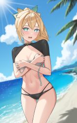 Rule 34 | 1girl, absurdres, beach, bikini, black bikini, blonde hair, blue sky, blush, breasts, chest sarashi, choker, cloud, covering privates, covering breasts, day, diptip, green eyes, highres, hololive, kazama iroha, looking at viewer, medium breasts, navel, ocean, open mouth, outdoors, ponytail, sarashi, shrug (clothing), sky, solo, stomach, swimsuit, virtual youtuber