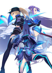 Rule 34 | 3girls, ahoge, armor, armored boots, armored dress, artoria pendragon (fate), baseball cap, black headwear, blonde hair, blue armor, blue dress, blue eyes, blue jacket, blue legwear, blue ribbon, blue scarf, blush, boots, breastplate, breasts, cropped jacket, dress, excalibur morgan (fate), melusine (fate), melusine (first ascension) (fate), fate/extra, fate/extra ccc, fate/grand order, fate (series), faulds, green eyes, hair between eyes, hair ribbon, hat, highres, jacket, long hair, long sleeves, looking at viewer, mask, meltryllis (fate), meltryllis (third ascension) (fate), multiple girls, mysterious heroine x (fate), mysterious heroine x (third ascension) (fate), open mouth, pauldrons, ponytail, prosthesis, prosthetic leg, purple hair, reverse grip, ribbon, rojiura satsuki: chapter heroine sanctuary, scarf, short dress, short shorts, shorts, shoulder armor, sidelocks, sleeves past fingers, sleeves past wrists, small breasts, smile, soupchan, sword, thighhighs, thighs, very long hair, weapon, white background, white hair