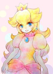 Rule 34 | 1girl, blonde hair, blue brooch, blue eyes, brooch, crown, dress, earrings, eyebrows hidden by hair, gloves, jewelry, long hair, mario (series), md5 mismatch, mimi (ikrptppt), nintendo, pink dress, princess peach, resolution mismatch, smile, solo, source larger, super mario bros. 1, upper body, white gloves