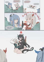 Rule 34 | @ @, absurdres, arknights, black gloves, black hair, blue eyes, blue hair, blunt bangs, bush, colored skin, comic, dakimakura (object), detached collar, dragon girl, dragon horns, dragon tail, dress, dusk (arknights), earrings, english text, expressionless, flying sweatdrops, gloves, grey hair, heart, heart tail, hiding, highres, horns, jewelry, kneeling, ling (arknights), long hair, necktie, nian (arknights), hugging object, one eye closed, pillow, pointy ears, ponytail, red skin, siblings, sisters, speech bubble, tail, twitter username, very long hair, wawamachi (wawamachis), white dress, yellow necktie