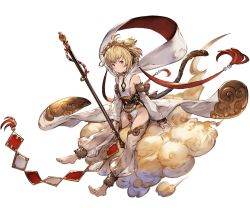 Rule 34 | 10s, 1girl, andira (granblue fantasy), barefoot, blonde hair, breasts, cleavage cutout, clothing cutout, cloud, erune, feet, flying nimbus, full body, granblue fantasy, hair ornament, headband, minaba hideo, monkey tail, official art, red eyes, short hair, sideboob, solo, staff, tail, transparent background