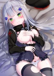 Rule 34 | 1girl, bed sheet, beret, black hat, black jacket, black skirt, blurry, blurry background, blush, bow, bow panties, breasts, commentary request, covering breasts, covering privates, depth of field, facial mark, fingernails, girls&#039; frontline, green eyes, grey thighhighs, hair ornament, hat, head tilt, highres, hk416 (girls&#039; frontline), jacket, long hair, long sleeves, lying, medium breasts, on back, panties, parted lips, plaid, plaid skirt, pleated skirt, silver hair, skirt, solo, sweat, templus, thighhighs, torn clothes, torn jacket, torn skirt, torn thighhighs, underwear, unworn hat, unworn headwear, very long hair, white panties