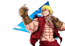Rule 34 | 1boy, abs, blonde hair, come at me bro, eyebrows, fighting stance, fingerless gloves, gloves, groin, highres, ken masters, male focus, muscular, navel, open clothes, salaiix, short hair, sleeveless, solo, street fighter, thick eyebrows