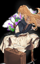 Rule 34 | 1girl, absurdres, black background, blonde hair, blue jacket, brown gloves, commentary, dress, flower, from behind, gloves, highres, holding, holding mirror, jacket, long dress, long hair, long sleeves, mirror, puffy long sleeves, puffy sleeves, purple flower, shido yuta, signature, simple background, sitting, solo, suitcase, violet evergarden, violet evergarden (series), white dress