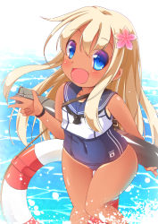 Rule 34 | 10s, 1girl, blonde hair, blue eyes, crop top, flower, gradient background, hair flower, hair ornament, kantai collection, kt cano, lifebuoy, long hair, one-piece tan, ro-500 (kancolle), sailor collar, school swimsuit, solo, swim ring, swimsuit, swimsuit under clothes, tan, tanline, torpedo