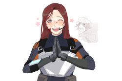 Rule 34 | 2girls, apex legends, armor, ashleigh reid, black bodysuit, black gloves, blood, blood on face, blue eyes, blush, bodysuit, breastplate, brown hair, byeo (oeybp), gloves, goggles, goggles on head, heart, highres, horizon (apex legends), korean commentary, looking at viewer, looking back, multiple girls, one eye closed, own hands together, smile, solo focus, straight-on, surprised, upper body
