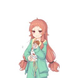 Rule 34 | 1girl, eating, food, food on face, green pajamas, green pants, holding, holding food, long hair, looking at viewer, official art, pajamas, pants, princess connect!, rin (princess connect!), rin (real) (princess connect!), scratching stomach, tachi-e, transparent background