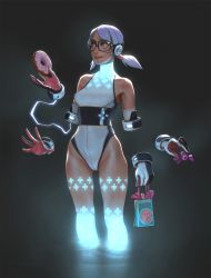 Rule 34 | 1girl, animated, animated gif, bag, blue eyes, breasts, candy, disembodied limb, doughnut, electricity, eyelashes, food, from below, game console, glasses, glowing, gradient background, gui guimaraes, leotard, lips, multiple hands, neon trim, nose, os-tan, paper bag, product girl, small breasts, solo, wading, white background, wii u, wii u (personification)