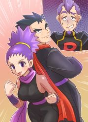 Rule 34 | 1girl, 2boys, black eyes, black hair, black jacket, breasts, clenched hands, clenched teeth, closed mouth, commentary request, creatures (company), emphasis lines, facial hair, father and daughter, game freak, goatee, highres, jacket, janine (pokemon), koga (pokemon), logo, makita (mugitya3776), mole, mole under eye, multiple boys, nintendo, outline, petrel (pokemon), pokemon, pokemon hgss, purple hair, purple scarf, red scarf, scarf, short hair, smile, sweatdrop, team rocket, team rocket uniform, teeth