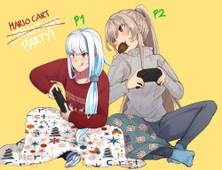 Rule 34 | 2girls, blanket, blue hair, blue nails, brown hair, casual, christmas sweater, collarbone, controller, english text, food in mouth, furen e lustario, hinagi (fox priest), holding, holding controller, lize helesta, long hair, long sleeves, merry christmas, mouth hold, multicolored hair, multiple girls, nail polish, nijisanji, pants, ponytail, purple eyes, red eyes, red nails, ribbed sweater, sitting, smile, sweat, sweater, tongue, tongue out, two-tone hair, virtual youtuber, white hair, yellow background