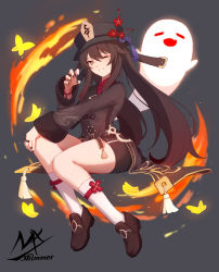Rule 34 | 1girl, :d, = =, absurdres, black footwear, black hat, black nails, black shorts, brown eyes, brown hair, brown jacket, closed eyes, commentary request, fang, fire, flower, full body, genshin impact, ghost, grey background, grin, hand on own knee, hat, hat flower, highres, hu tao (genshin impact), jacket, loafers, long hair, looking at viewer, nail polish, one eye closed, open mouth, red flower, shimmer, shoes, short shorts, shorts, smile, socks, solo, twintails, very long hair, white socks