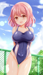 Rule 34 | 1girl, :d, arms behind back, bare shoulders, blue sky, blush, braid, breasts, brown eyes, chain-link fence, cloud, collarbone, commentary request, competition swimsuit, covered navel, day, fence, gluteal fold, groin, hair between eyes, highres, hoshizaki akari, large breasts, looking at viewer, one-piece swimsuit, ongeki, open mouth, outdoors, pink hair, sky, smile, solo, swimsuit, thigh gap, twin braids, water drop, wet, wet clothes, wet swimsuit, xenon (for achieve)