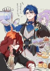 Rule 34 | 1girl, 2boys, angry, arvis (fire emblem), ascot, blue ascot, blue eyes, blue hair, cake, clenched hand, cup, fire emblem, fire emblem: genealogy of the holy war, fire emblem heroes, food, highres, holding, holding plate, holding teapot, multiple boys, nintendo, official alternate costume, plate, ponytail, pouring onto another, purple eyes, purple hair, red hair, sigurd (fire emblem), sigurd (tea party) (fire emblem), spilling, ta dasu (tadasu hayashi), tailtiu (fire emblem), tailtiu (tea party) (fire emblem), tea, teacup, teapot, tiered tray