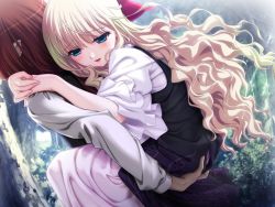 Rule 34 | 1boy, 1girl, ass, blonde hair, blue eyes, blush, curly hair, game cg, hair ribbon, hand on ass, hell guide, long hair, m no violet, open mouth, outdoors, pointy ears, ribbon
