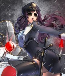 Rule 34 | 1girl, aviator sunglasses, baton, belt, black thighhighs, card (medium), chaos online, cuffs, edelyn, gloves, handcuffs, hat, high heels, holding, long hair, love cacao, motor vehicle, necktie, official art, open mouth, police, police hat, police uniform, purple hair, red eyes, scooter, solo, stiletto heels, sunglasses, thighhighs, translated, uniform, white gloves, zettai ryouiki