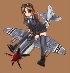 Rule 34 | 1girl, aircraft, airplane, black thighhighs, blue eyes, boots, brown background, brown hair, contra-rotating propellers, goggles, goggles on head, gun, long hair, mecha musume, military, military uniform, necktie, original, pilot, riding, short hair, simple background, skindentation, solo, supermarine seafire, supermarine spitfire, thighhighs, tokihama jirou, uniform, vehicle focus, wavy hair, weapon, world war ii, zettai ryouiki