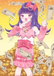 Rule 34 | 1girl, :d, absurdres, banknote, bare shoulders, blunt bangs, blush, bow, coin, commentary request, feet out of frame, flipped hair, flower, gold necklace, hair bow, hanazono shuka, hands up, highres, hoshikuzu (pinkholic), idol clothes, idol time pripara, jewelry, long hair, looking at viewer, money, money rain, necklace, ojou-sama pose, ok sign, open mouth, pile of money, pink bow, pink flower, pink rose, pink shirt, pink skirt, pink sleeves, ponytail, pretty series, pripara, purple eyes, purple hair, rose, shirt, skirt, smile, solo, standing