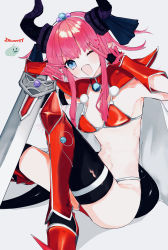 Rule 34 | 1girl, absurdres, armor, bikini, bikini armor, black thighhighs, blue eyes, breasts, cape, claws, curled horns, dragon girl, dragon horns, dragon tail, elizabeth bathory (brave) (fate), elizabeth bathory (fate), fate/grand order, fate (series), gauntlets, highres, holding, holding sword, holding weapon, horns, long hair, loose bikini, navel, one eye closed, open mouth, oversized clothes, pink hair, pith u, pointy ears, red armor, red bikini, red footwear, shoulder armor, sidelocks, silver trim, simple background, sitting, small breasts, smile, solo, swimsuit, sword, tail, thighhighs, tiara, v, vambraces, weapon, white background