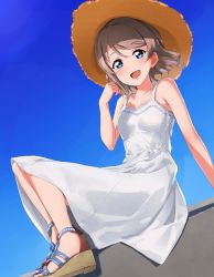 Rule 34 | 1girl, :d, blue eyes, blue sky, blush, brown hat, commentary request, day, dress, feet, grey hair, hat, high heels, highres, looking at viewer, love live!, love live! sunshine!!, nail polish, open mouth, outdoors, sandals, shoe soles, short hair, sitting, sky, smile, solo, strapless, strapless dress, straw hat, suke (momijigari), sun hat, sundress, toenail polish, toenails, toes, watanabe you, wedge heels, white dress