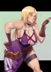 Rule 34 | 1girl, belt, blonde hair, blowing kiss, blue eyes, breasts, cleavage, covered navel, dress, earrings, fatal fury, fingerless gloves, garou: mark of the wolves, gloves, gold bracelet, hand on own hip, heart, jenet behrn, jewelry, large breasts, leaning forward, long hair, looking at viewer, one eye closed, purple dress, snk, the king of fighters, the king of fighters xv, wink