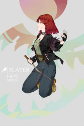 Rule 34 | 1girl, alternate costume, alternate hair length, alternate hairstyle, belt, black jacket, blood, blood on face, boots, braid, character name, claw (weapon), collar, full body, highres, holding, holding knife, hong meiling, jacket, jewelry, kneeling, knife, looking at viewer, necklace, pants, profile, red eyes, red hair, reeh (yukuri130), spiked collar, spikes, touhou, twin braids, weapon