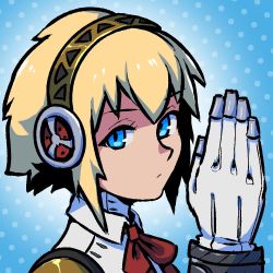 Rule 34 | 1girl, aegis (persona), akairiot, android, blonde hair, blue background, blue eyes, commission, gradient background, hand up, headphones, looking at viewer, persona, persona 3, polka dot, polka dot background, red neckwear, short hair, solo